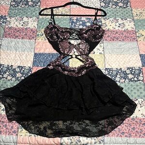 Black Lace & Pink Floral Cutout Dress